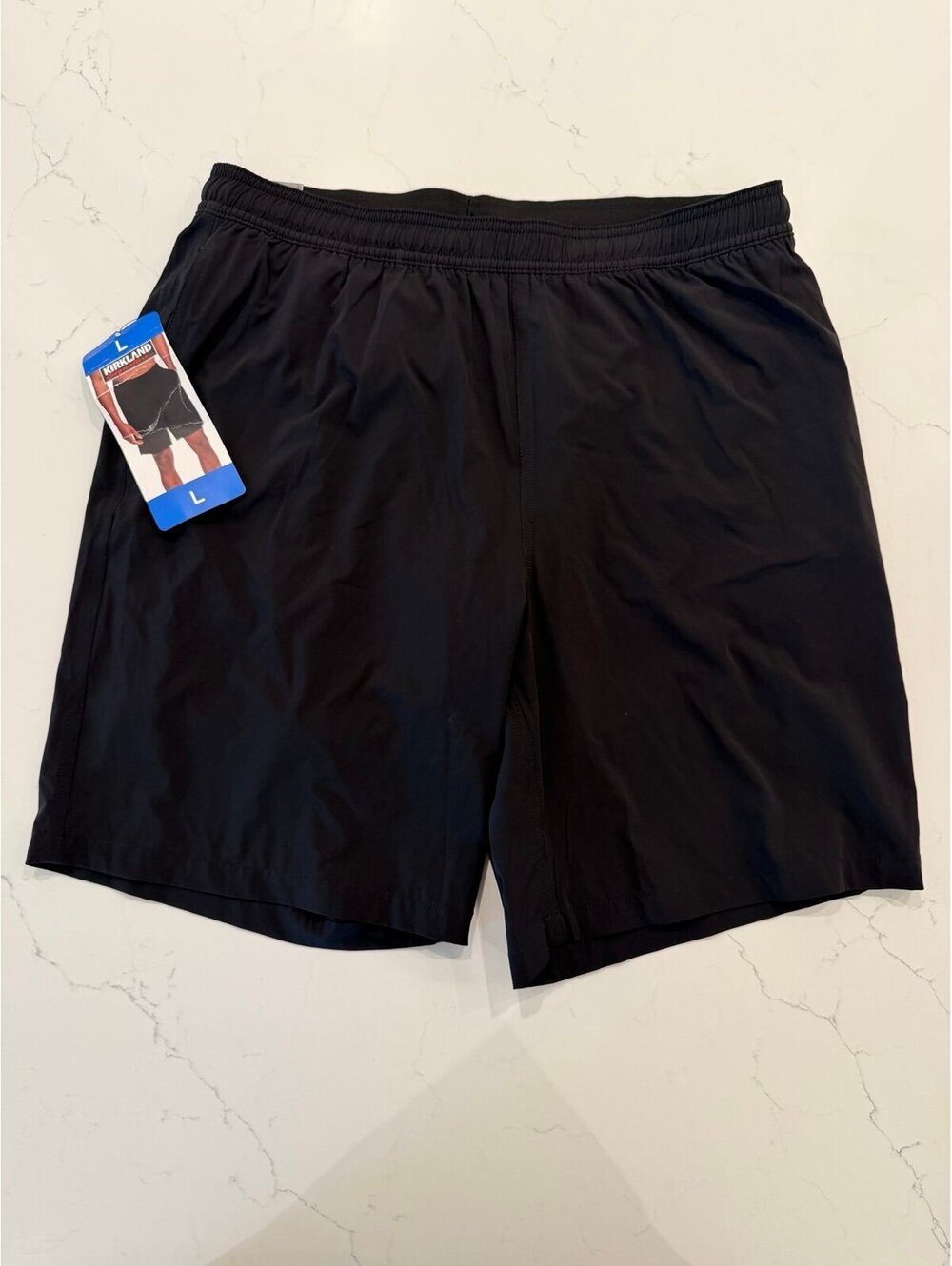 NWT Kirkland Signature Mens Large Black Stretch Swim Shorts Trunks 8"